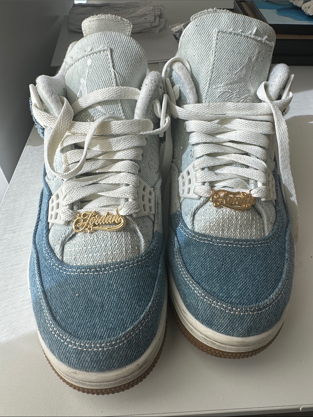 Jordan Denim Low-Top Sneakers in Light Blue and White with Gold Accents
